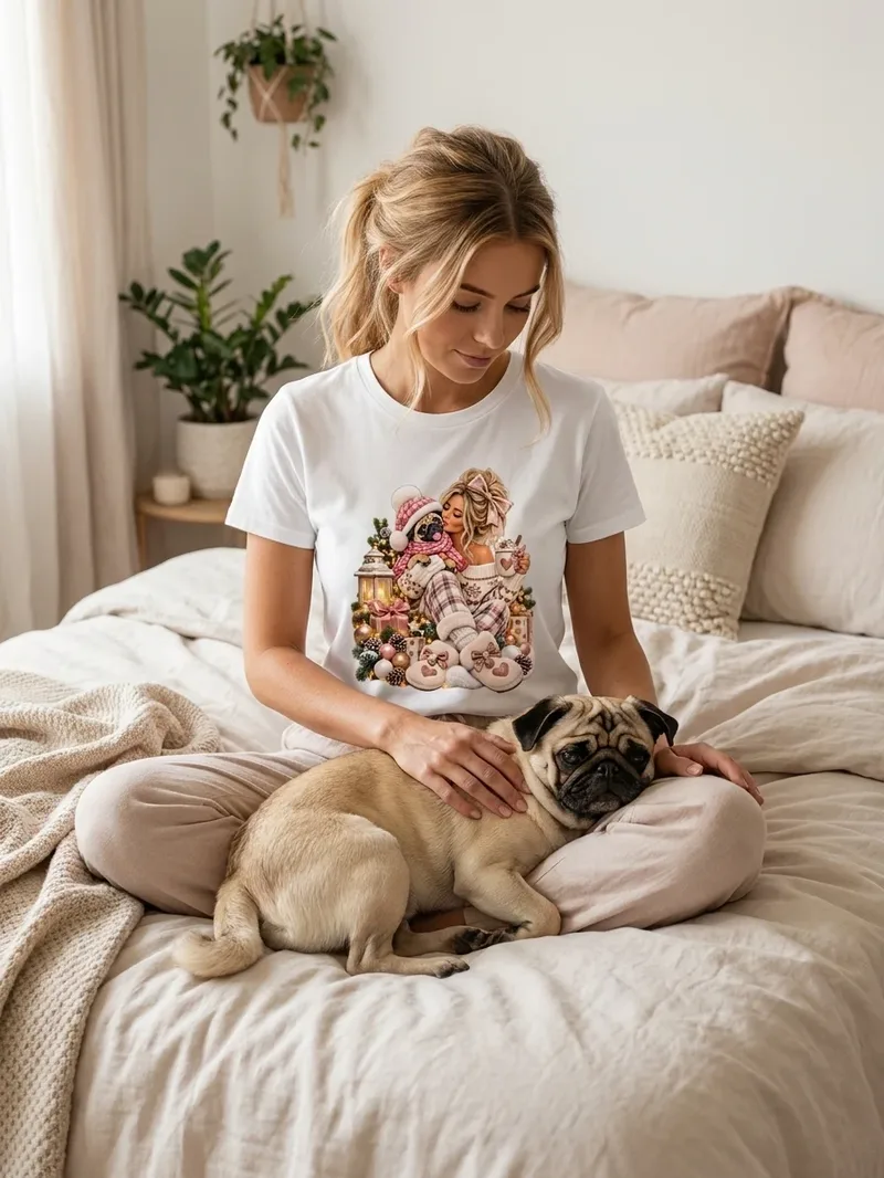 Mops Weihnachtsshirt Rosa, Motiv im Detail