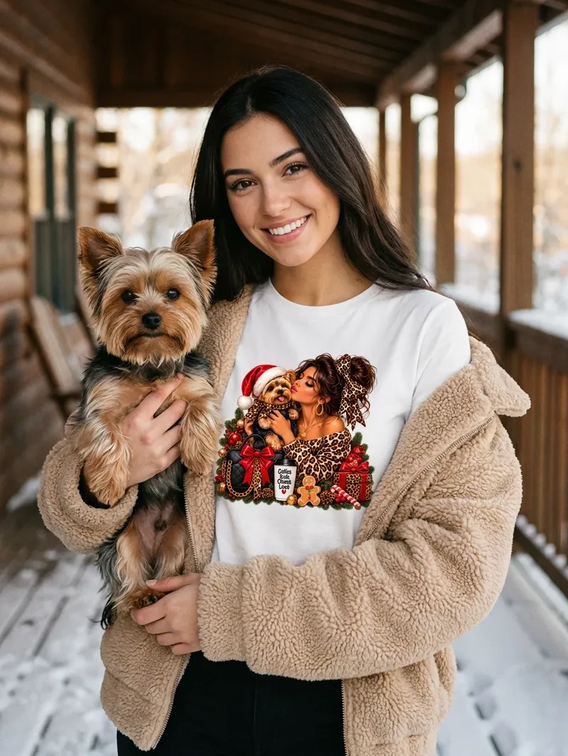 Dog Mom Weihnachtsshirt Leopard mit Yorkie, Motiv im Detail