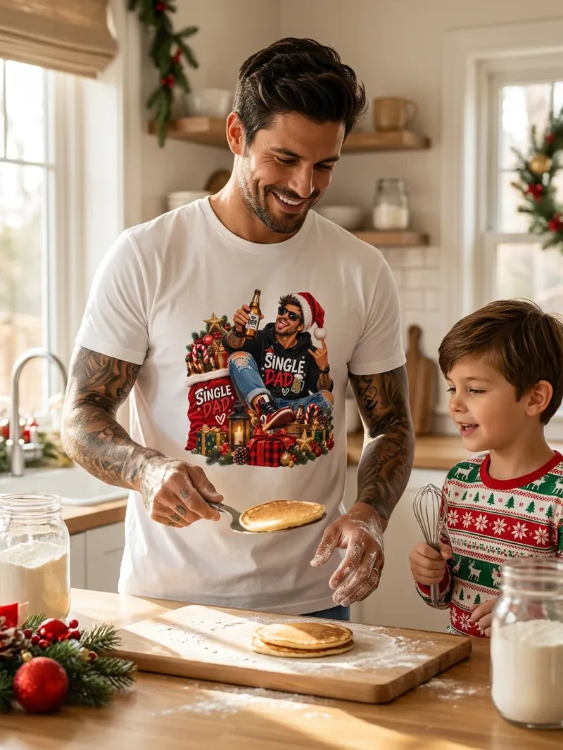 Single Dad Weihnachtsshirt mit Bier, Motiv im Detail