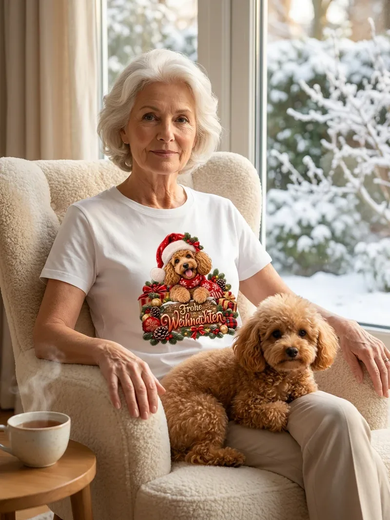Frohe Weihnachten Shirt mit Pudel, Motiv im Detail