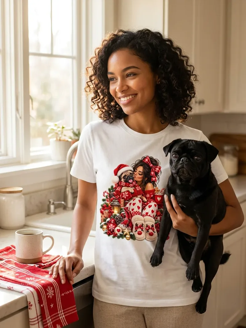 Mops Mama Weihnachtsshirt Rot, Motiv im Detail
