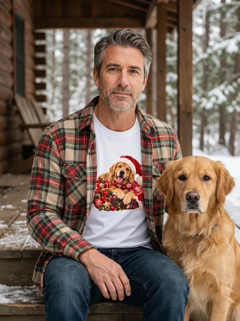 Golden Retriever Weihnachtsshirt mit Weihnachtsmütze, Motiv im Detail