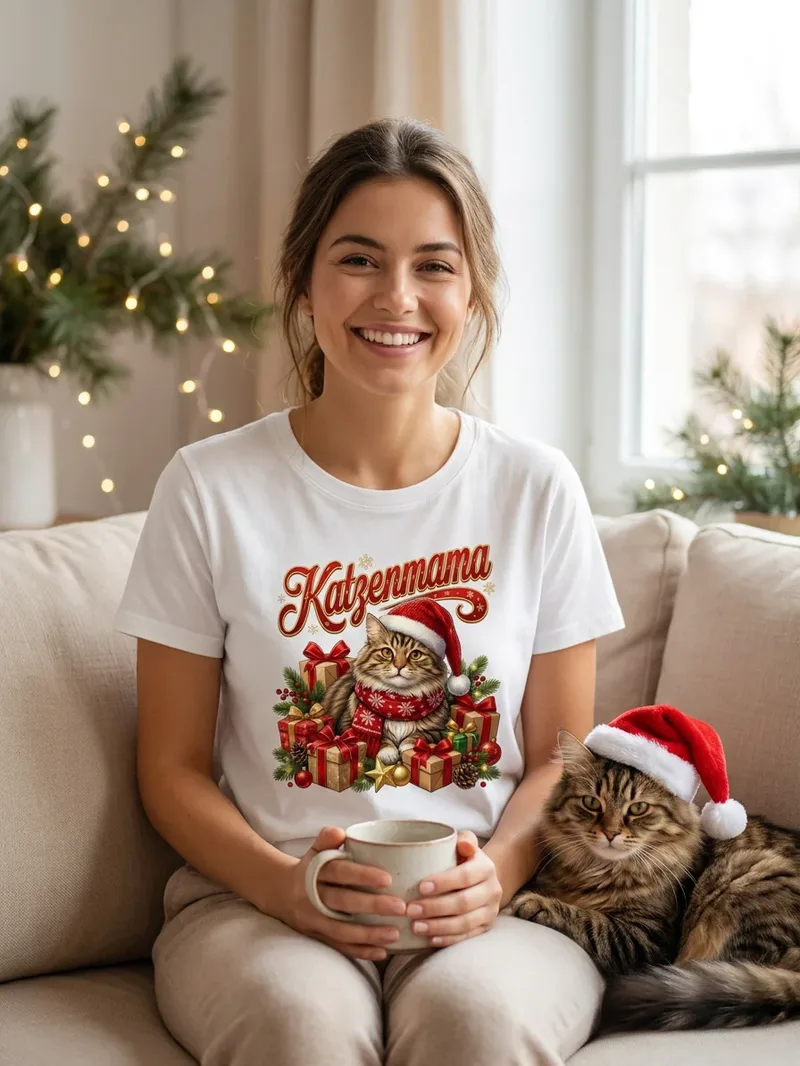 Katzenmama Weihnachtsshirt, Motiv im Detail