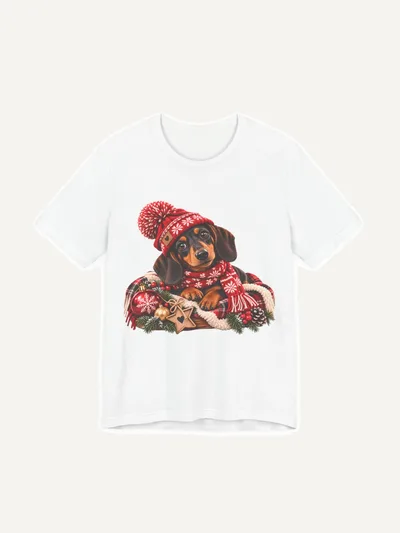 Dackel Weihnachtsshirt mit Mütze und Schal, T-Shirt