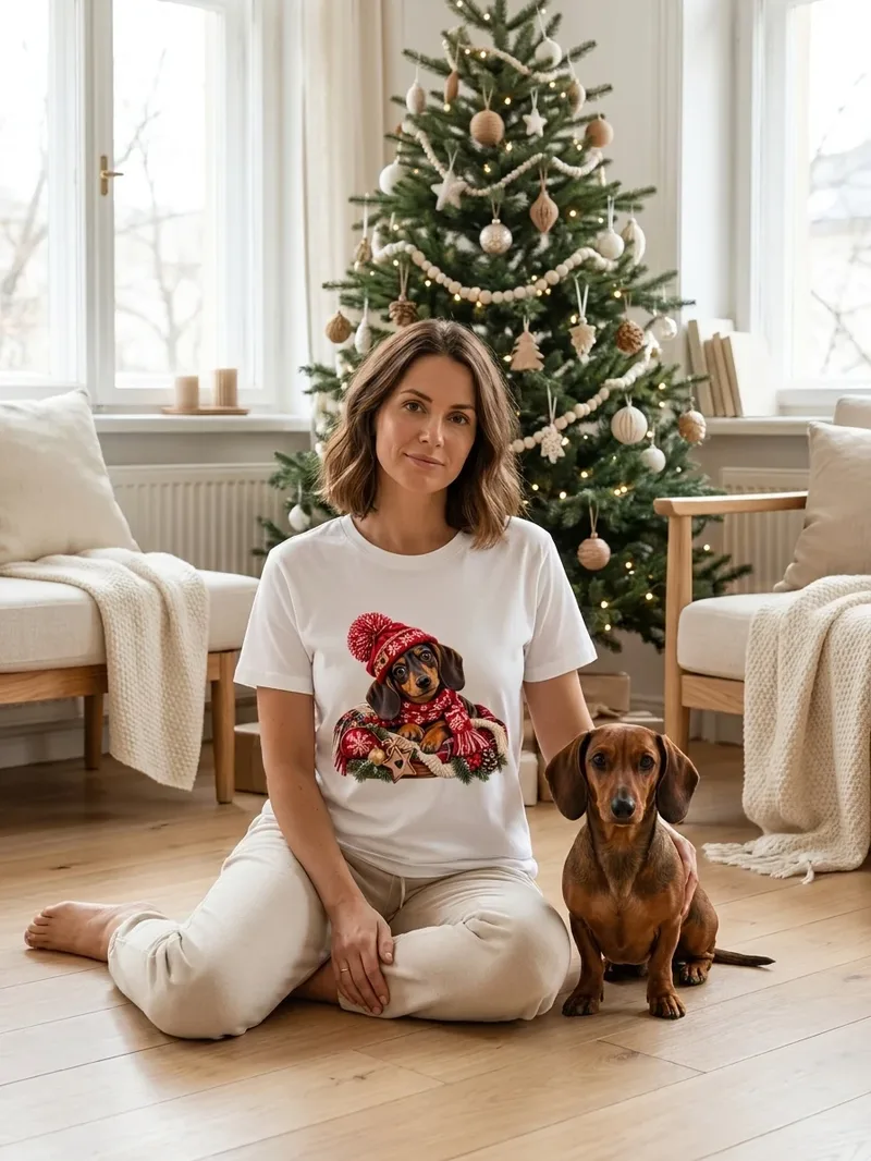 Dackel Weihnachtsshirt mit Mütze und Schal, Motiv im Detail