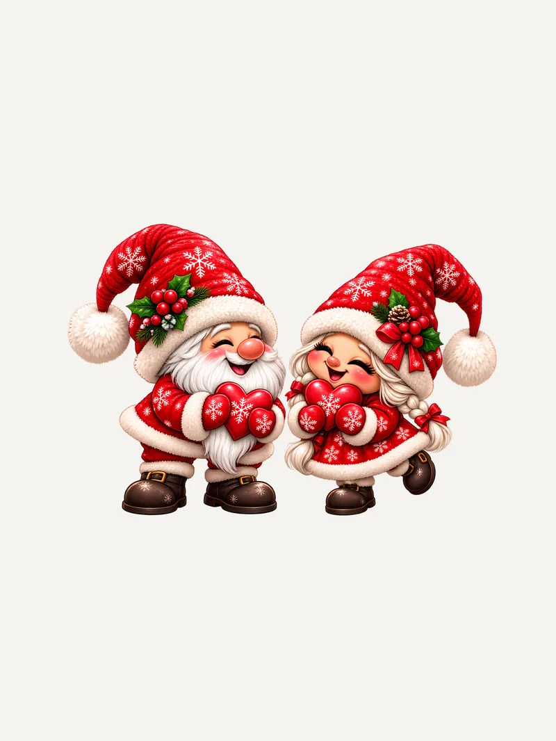 Wichtel Paar Weihnachtsshirt mit Herzen, Motiv im Detail