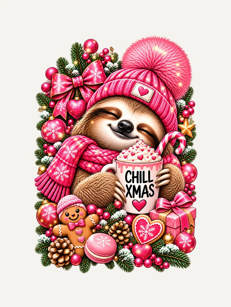 Chill Xmas Faultier Shirt Pink, Motiv im Detail