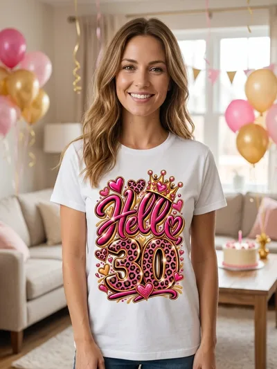 Geburtstagsshirt Hello 30 Pink mit Leo Muster und Krone, T-Shirt