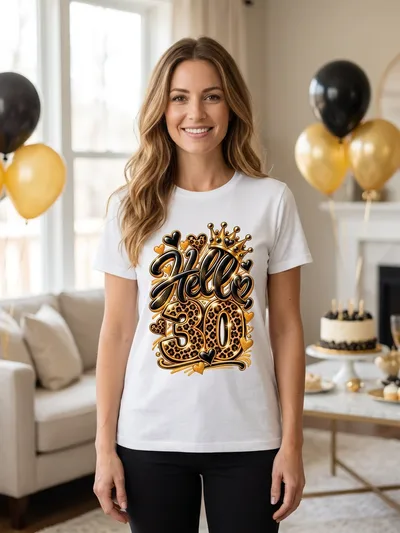 Geburtstagsshirt Hello 30 Schwarz Gold mit Leo Muster und Krone, T-Shirt