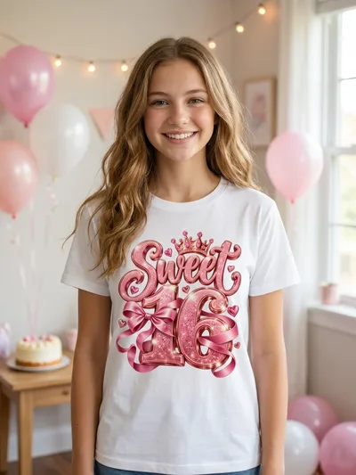Geburtstagsshirt Sweet 16 mit rosa Schleife und Krone, T-Shirt