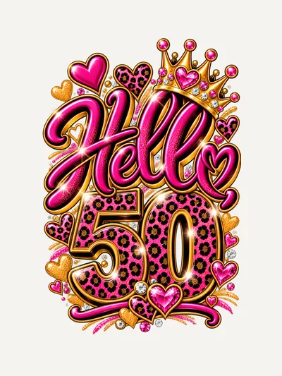 Geburtstagsshirt Hello 50 Pink mit Leo Muster und Krone, T-Shirt