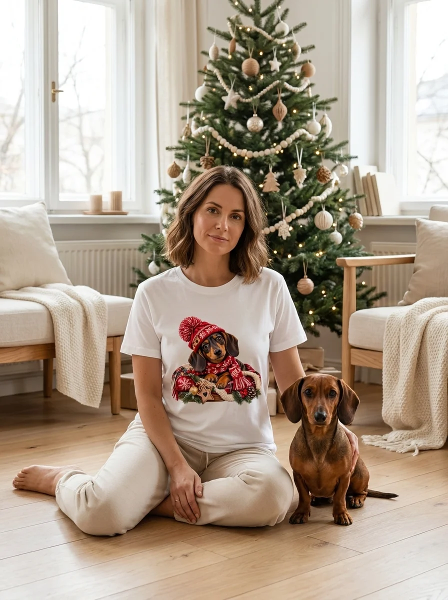 Dackel Weihnachtsshirt mit Mütze und Schal